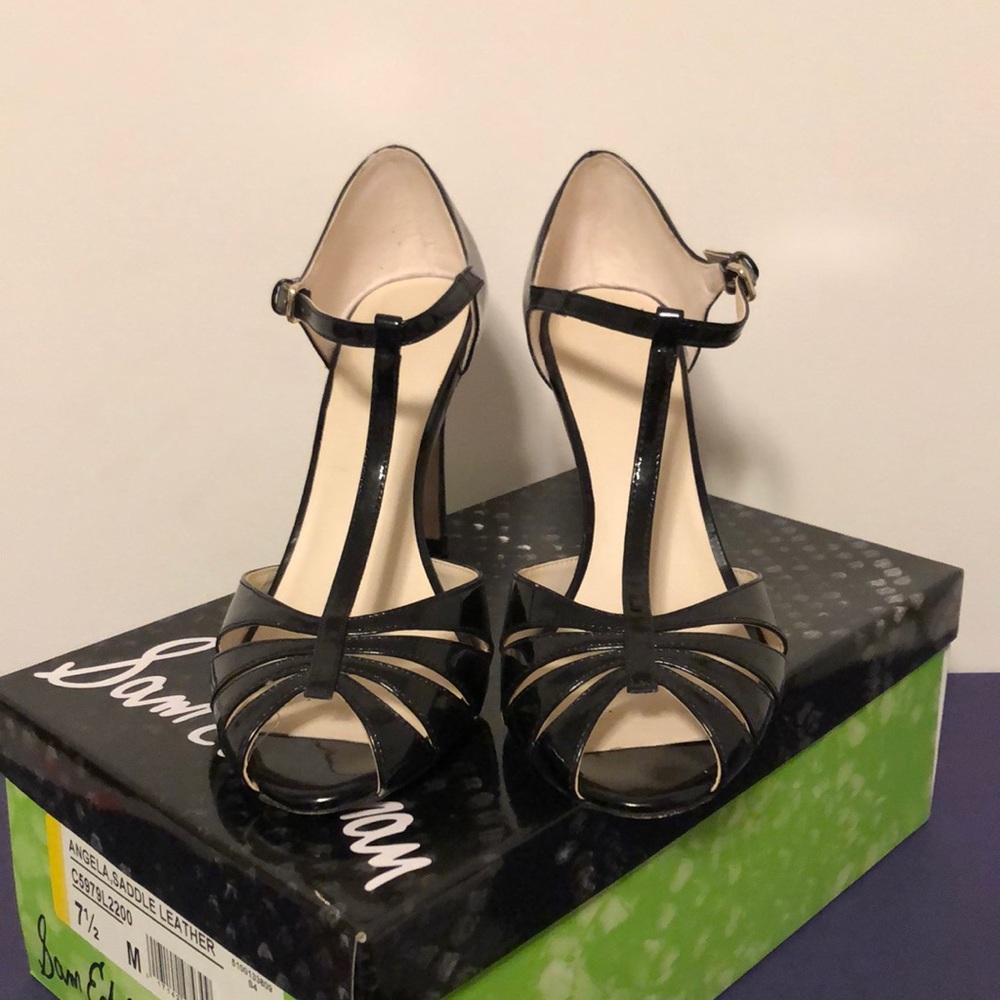 Zara black patent open toe heels